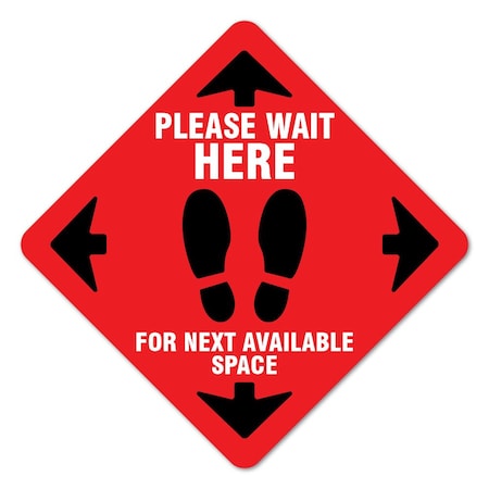 Please Wait Here Red Non-Slip Floor Graphic, 16in Vinyl Decal, 6PK